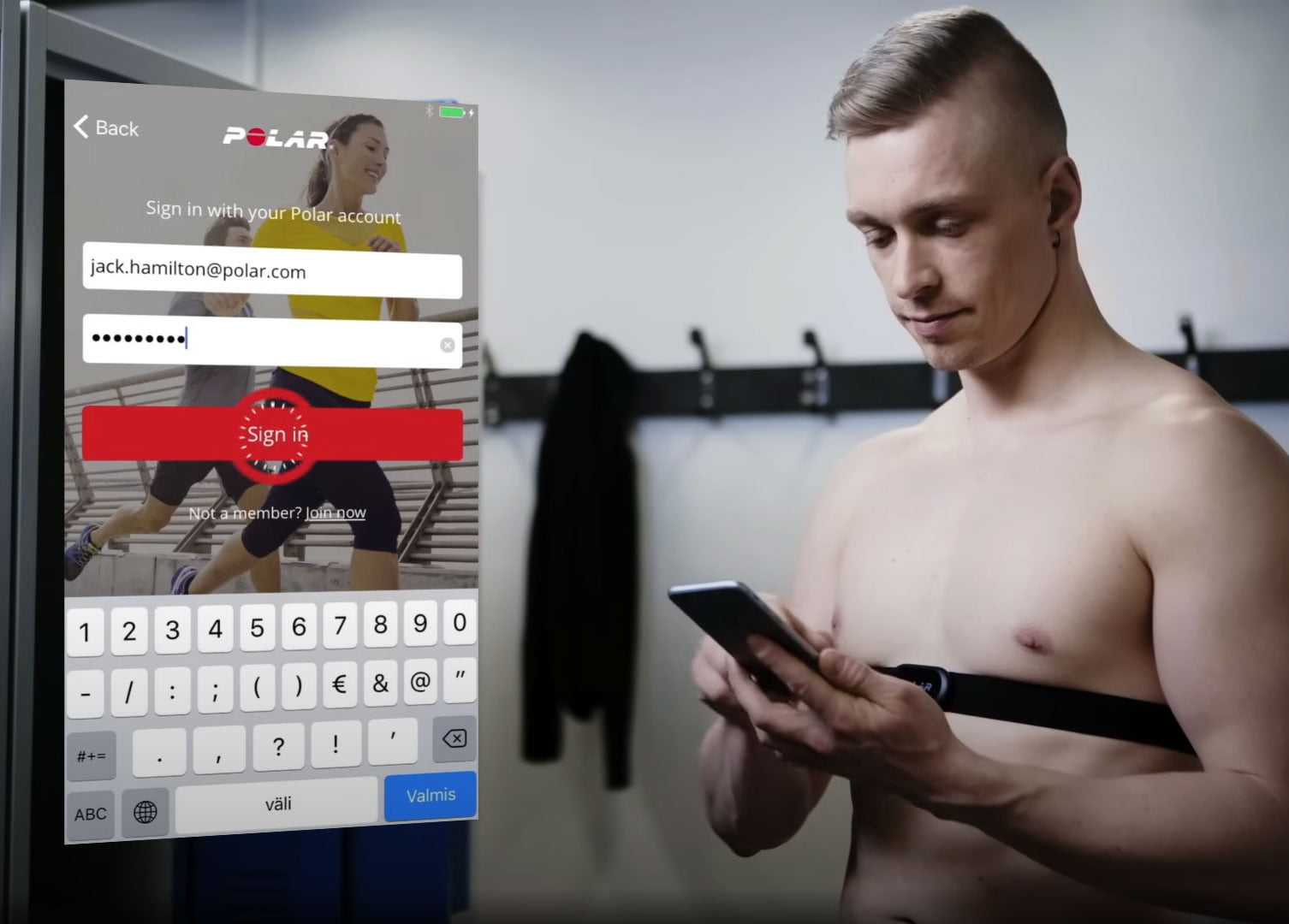 Man using fitness App with Polar Bluetooth H10 Heart Rate Sensor